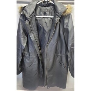 Colebrook Classics Black Leather Faux Fur Hooded Parka Jacket Womens‎ M